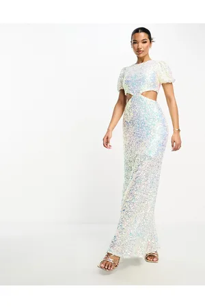Something New Cut out sequin maxi dress with puff sleeves in iridescent