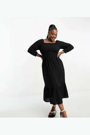 Simply Be Shirred long sleeve midi dress in
