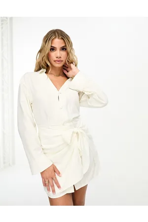 Threadbare Linen look tie side mini dress in off