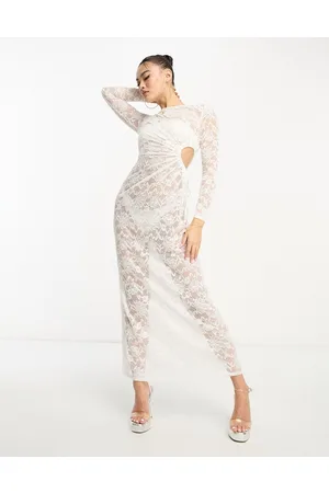 Flounce London Sheer lace ruched maxi dress in ivory