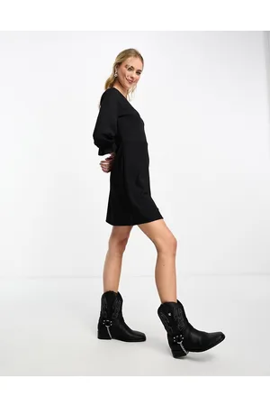 JDY V neck skater mini dress with cuffed sleeve detail in