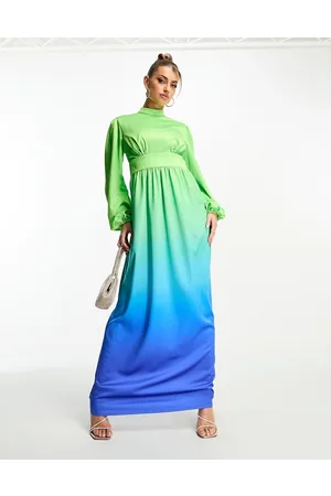 Flounce London Balloon sleeve maxi dress in blue and green ombre
