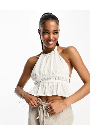 Pull&Bear Ruched mesh halterneck top in