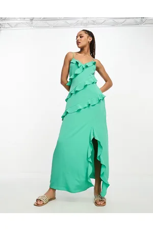 New Look Side split satin ruffle midi dress in