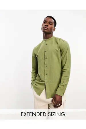 ASOS Regular shirt in linen with grandad collar in khaki