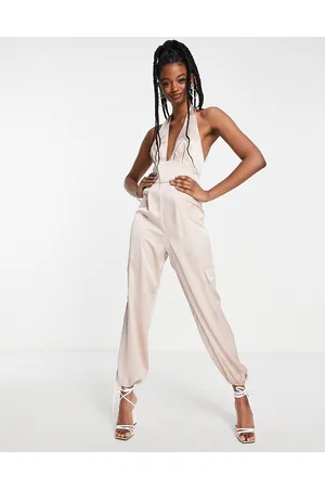 Miss Selfridge Satin halter cargo jumpsuit in champagne