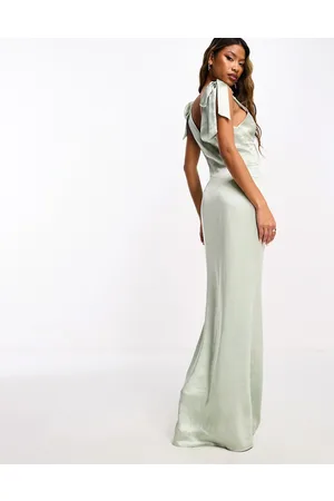 Pretty Lavish Bridesmaid Piper tie shoulder satin maxi dress in sage
