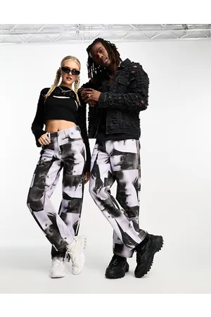 COLLUSION Unisex festival vintage printed faces baggy jean in mono