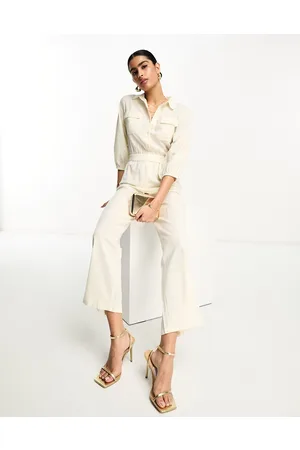 Pretty Lavish Tie waist utility jumpsuit in cream