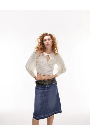 Topshop Long sleeve broderie top in ivory