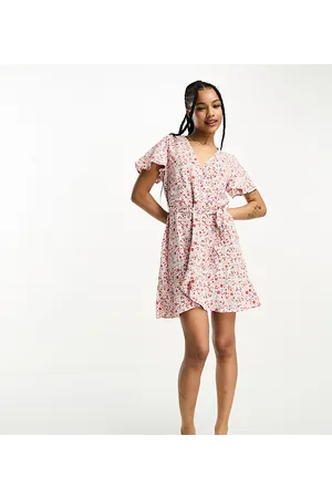 JDY Belted wrap mini dress in red and pink floral