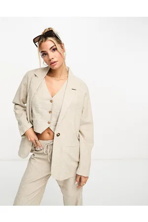 Monki 3 piece co-ord linen blazer in beige