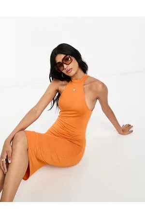 Y.A.S High neck sleeveless bodycon midi dress in burnt