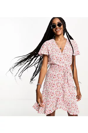 JDY Belted wrap mini dress in red and pink floral