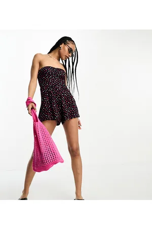 ONLY Ruched front strapless playsuit in and red ditsy floral