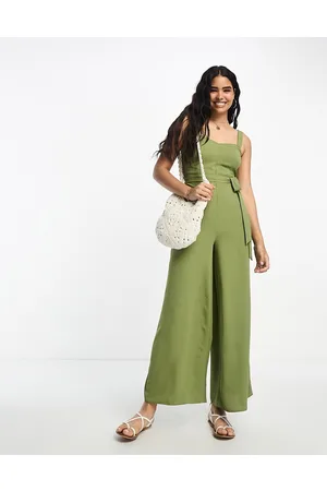 Miss Selfridge Belted sweetheart neck wide leg jumpsuit in khaki