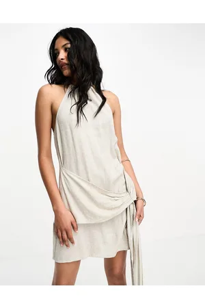 ASOS Linen halter mini sundress with big waist tie detail in natural