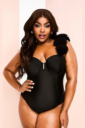 ASOS Curve bardot swimsuit with tulle corsage strap detail in