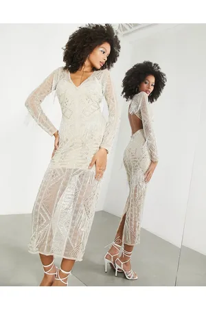ASOS Embellished open back maxi dress with beaded fringe in cream