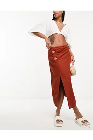 Threadbare Linen look ring detail midi skirt co-ord in rust