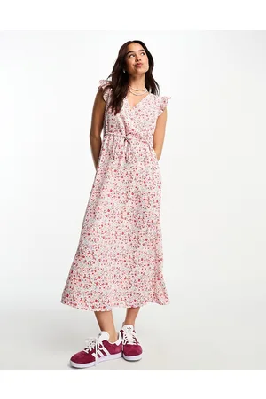 JDY Frill detail wrap midi dress in red and pink floral