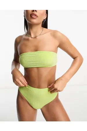 Monki Co-ord glitter bendaue bikini top with back tie in lime