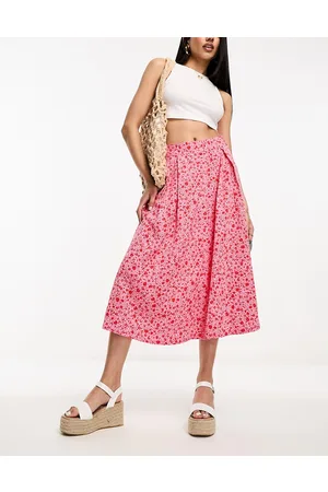 Monki Button through midi skirt in pink ditsy floral print