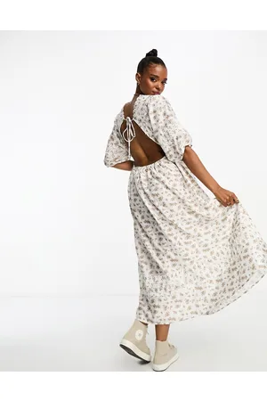 VERO MODA Floral midi dress with open back detail in cream