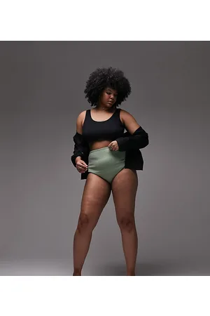 Topshop Curve rib high waist bikini bottoms in khaki