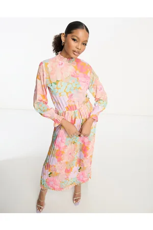 Trendyol High neck maxi dress with pleated skirt in bold spring floral