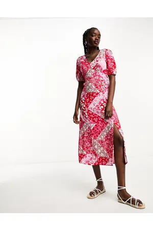 New Look Ruched front patchwork print midi dress in and pink