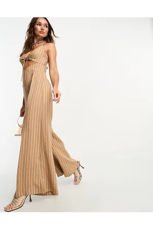 ASOS Tailored strappy cut out jumpsuit in camel pinstripe