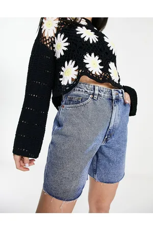 Monki High waist raw hem denim shorts in