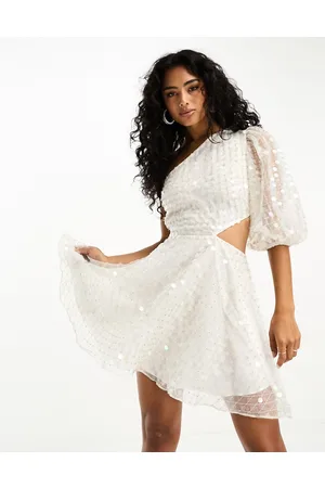 ASOS Embellished organza asymmetric one sleeve mini dress in