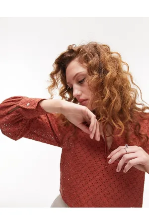 Topshop Long sleeve broderie top in tobacco