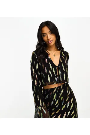 Never Fully Dressed Petite tie front cropped shirt co-ord in metallic leaf