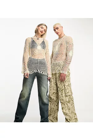 COLLUSION Unisex Y2K vintage open stitch spider handknitted jumper in cream