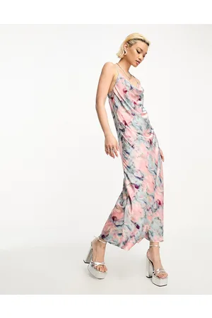 Object Satin slip midi dress in blurred pink watercolour print
