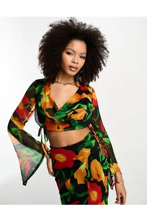 ASOS Long sleeve chiffon top with cowl neck co-ord in blurred floral print