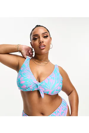 Simply Be Reversible knot front bikini top in blue and pink print