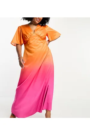 Flounce London Flutter sleeve maxi dress with plunge front in ombre pink and orange