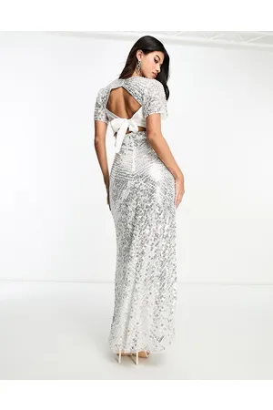 Beauut Bridal embellished maxi dress with bow back in cream and silver