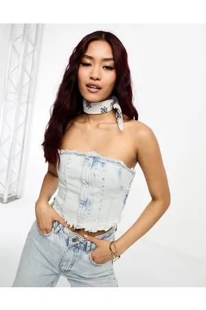 Pull&Bear Raw edge denim corset top co-ord in light bleached