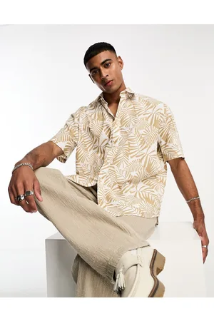 SELECTED Short sleeve linen shirt in with palm print