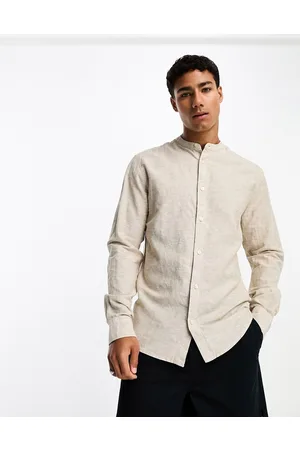 Only & Sons Linen mix grandad collar shirt in beige