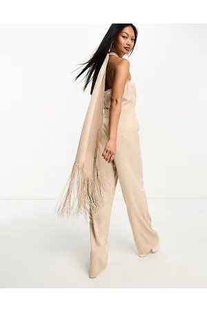 In The Style X Georgia Louise fringed scarf detail wide leg jumpsuit in stone