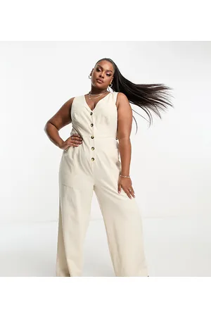ASOS ASOS DESIGN Curve linen look button through jumpsuit in oatmeal