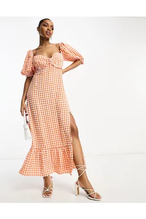The Frolic Gingham ruffle milkmaid midaxi dress in tangerine