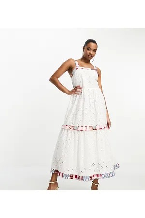Never Fully Dressed Petite contrast check broderie midaxi dress in ivory