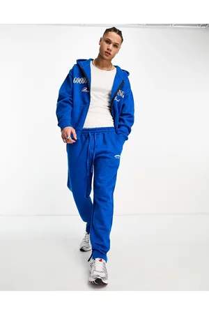 Good For Nothing Co-ord straight leg joggers in cobalt with logo print and hem split